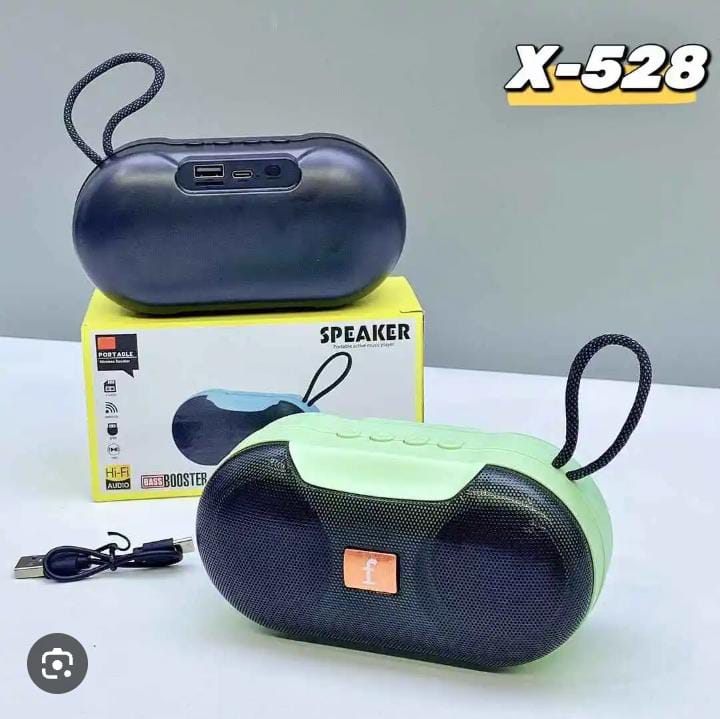 X-528 Portable Bluetooth Speaker, marketed as having "Hi-Fi AUDIO" and "BASS BOOSTER" features.