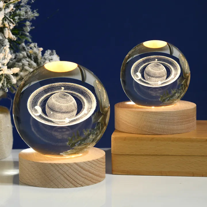 HCparty 3D lamp crystal ball night lamp USB table light with wooden base birthday gift home decor