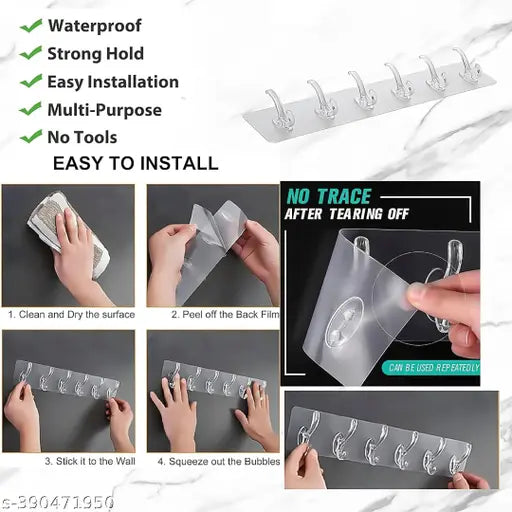 6 In 1 Self Adhesive Wall Hooks Waterproof Transparent Adhesive Hooks for Wall Hook 6