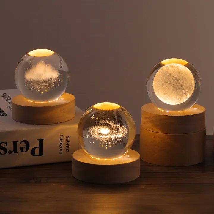 HCparty 3D lamp crystal ball night lamp USB table light with wooden base birthday gift home decor