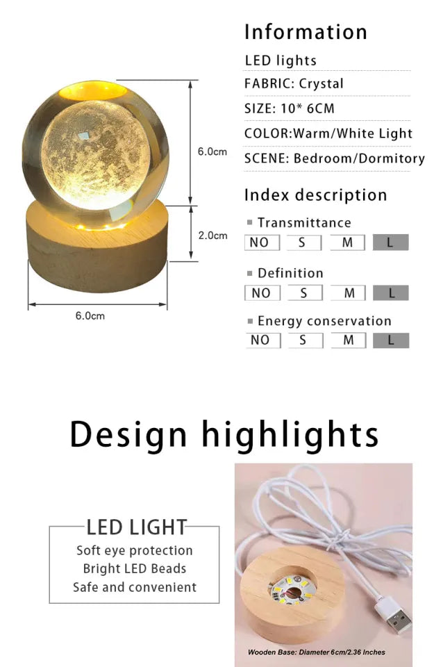 HCparty 3D lamp crystal ball night lamp USB table light with wooden base birthday gift home decor