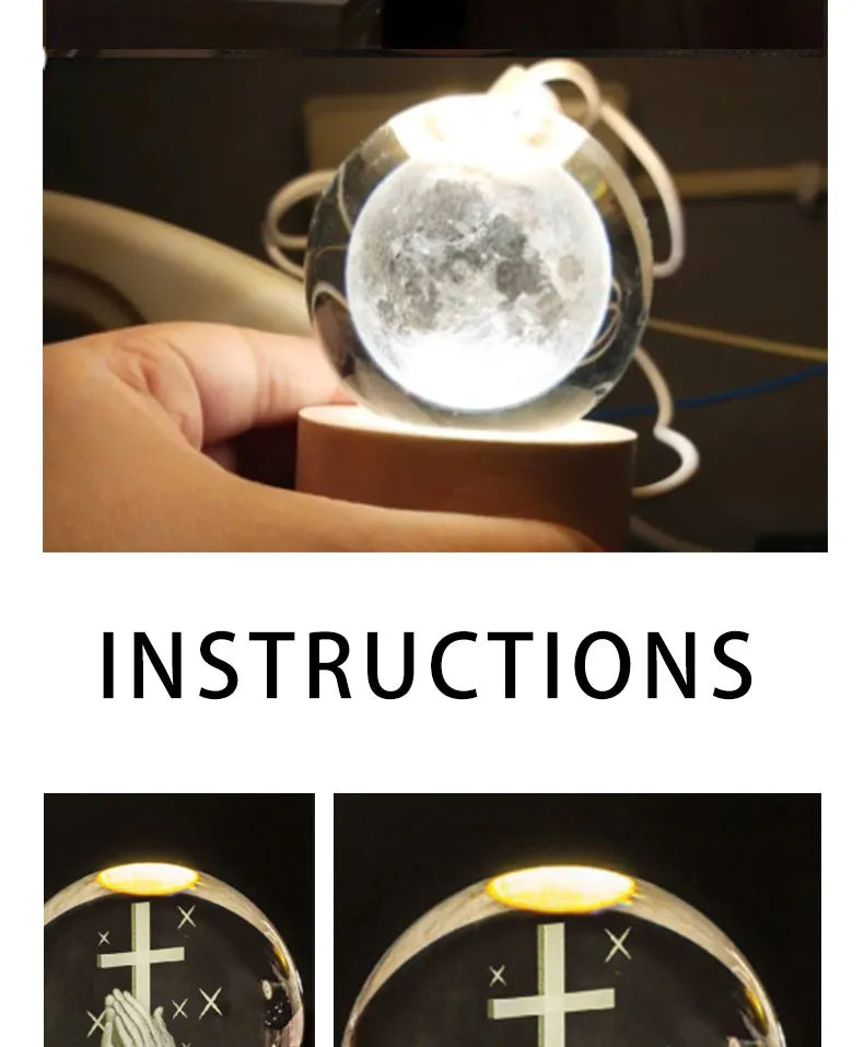 HCparty 3D lamp crystal ball night lamp USB table light with wooden base birthday gift home decor