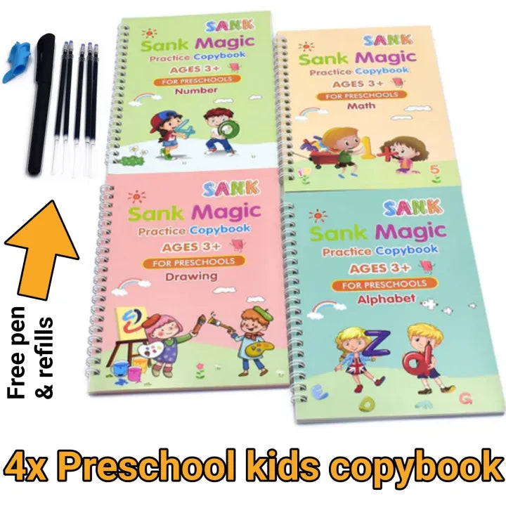 Sank Magic Practice Copybook, (4 BOOK + 10 REFILL+ 2 Pen +2 Grip) Number Tracing Book for Preschoolers with Pen, Magic Calligraphy