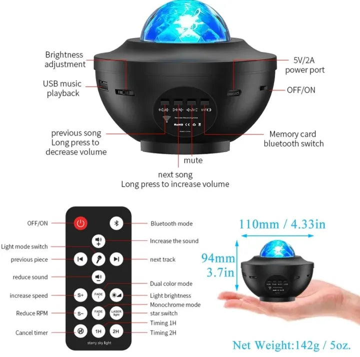 USB LED Galaxy Star Light Starry Light Projector Lamp Galaxy Sky Projector Night Light Table Lamp With Speaker Music Water Wave LED Projector