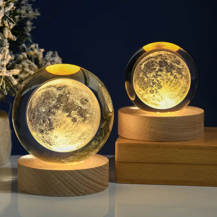 HCparty 3D lamp crystal ball night lamp USB table light with wooden base birthday gift home decor