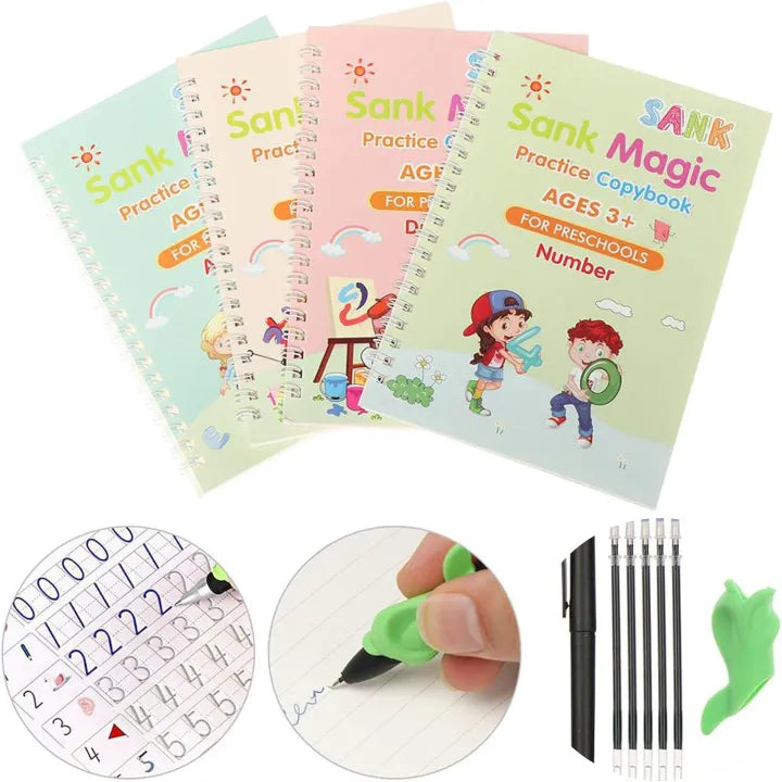 Sank Magic Practice Copybook, (4 BOOK + 10 REFILL+ 2 Pen +2 Grip) Number Tracing Book for Preschoolers with Pen, Magic Calligraphy