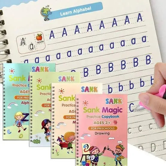 Sank Magic Practice Copybook, (4 BOOK + 10 REFILL+ 2 Pen +2 Grip) Number Tracing Book for Preschoolers with Pen, Magic Calligraphy
