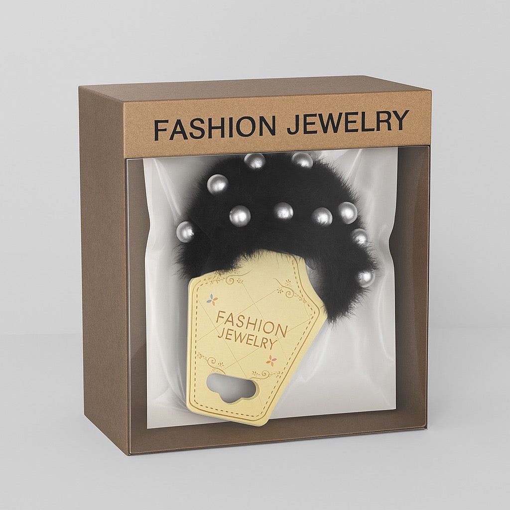 Black Faux Fur Pearl Hair Scrunchie