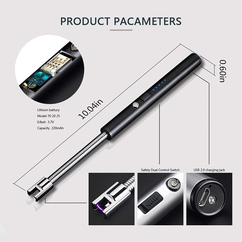 Lighters with LED Battery Display, Flexible Neck Windproof Flameless Plasma Long Lighters for Candle BBQ Camping