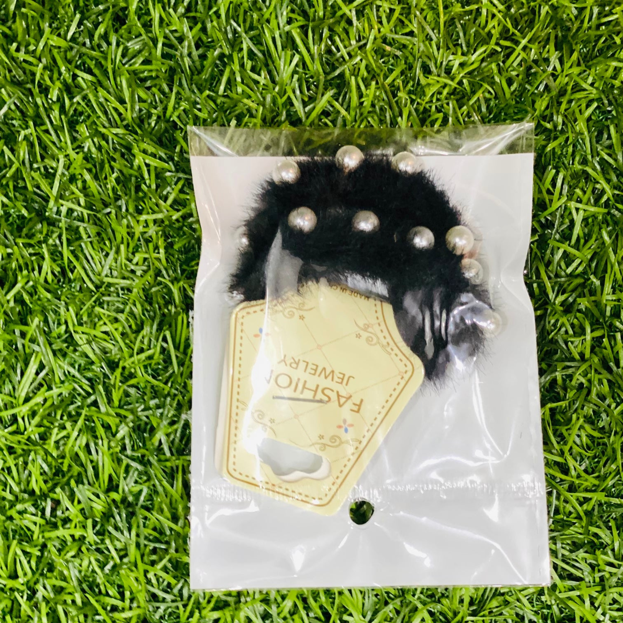 Black Faux Fur Pearl Hair Scrunchie