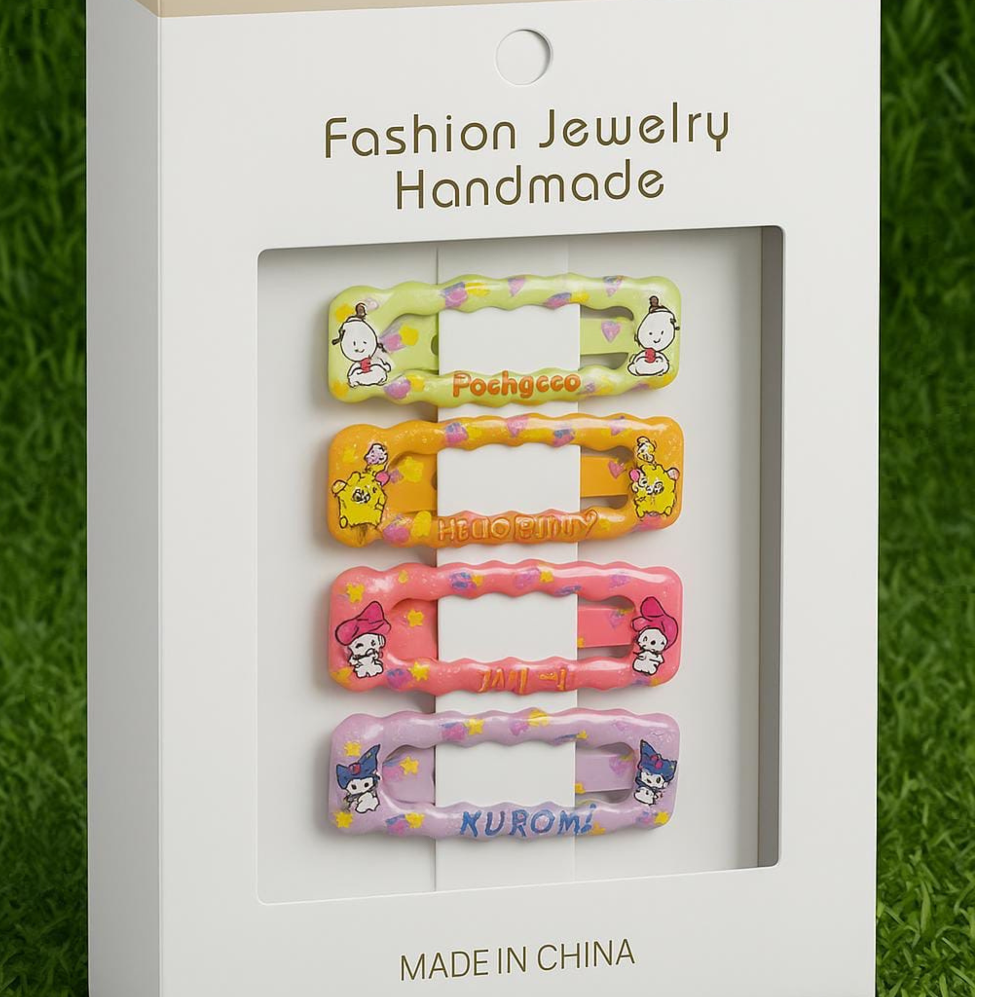 Add a playful touch to your hairstyle with this adorable 4-piece set of handmade character hair clips.