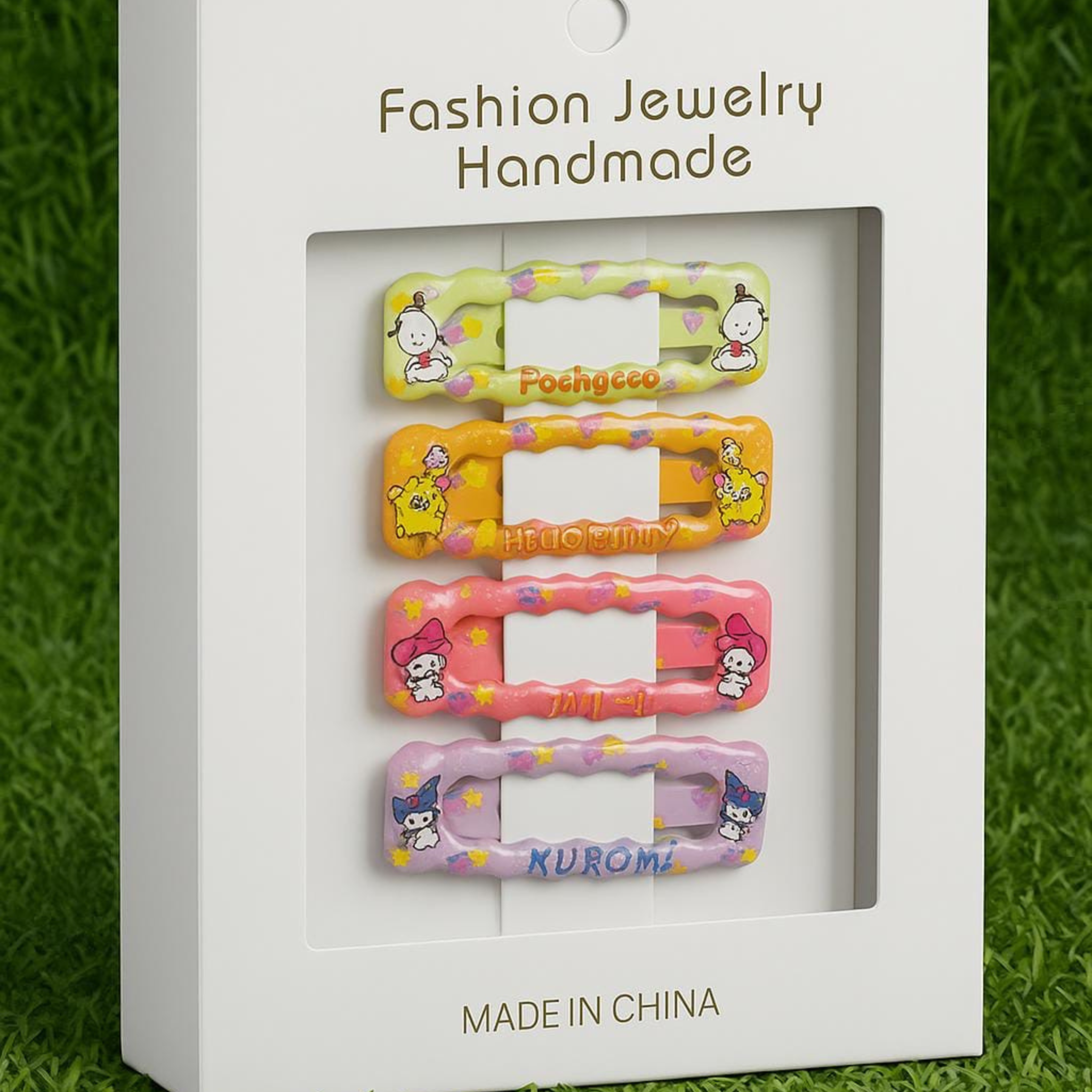Add a playful touch to your hairstyle with this adorable 4-piece set of handmade character hair clips.